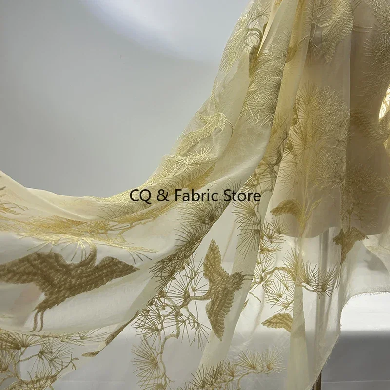 High-Quality Embroidered Organza Fabric with Chinese-style Pine Crane Pattern for Wedding and Evening Dress Designers By Yard