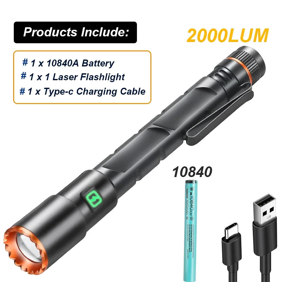 2000LM Mini LED Flashlight Type-C Charging Zoom High Power Tactical Torch Bright Lighting Maintenance Work Light Camping Lantern