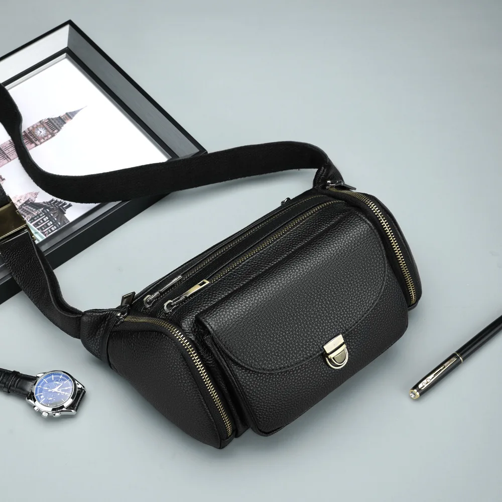 حقيبة صدر جلدية للرجال جديدة للرجال الخصر جلد طبيعي سعة كبيرة موضة جلد البقر Crossbody حقيبة صدر متعددة الوظائف