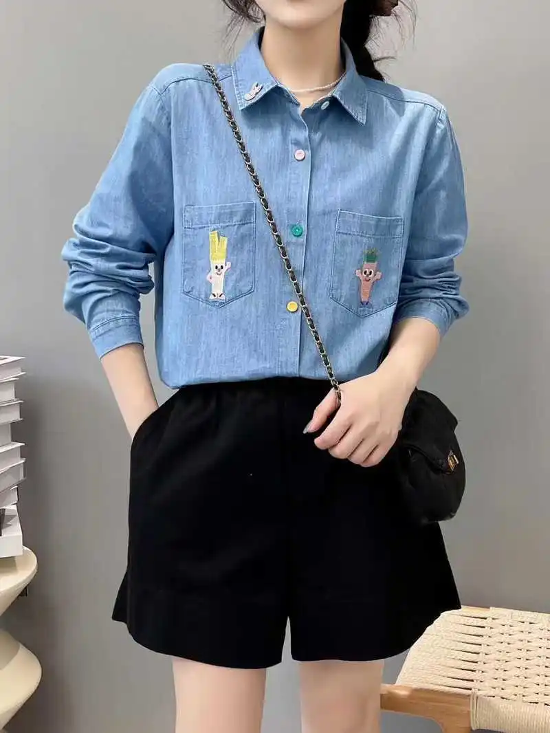 Chemise en Denim à manches longues pour femmes, col rabattu, broderie coupée, Mori Girl French Sweet INS, chemisier ample, nouvelle collection automne 2025 T5O824CC
