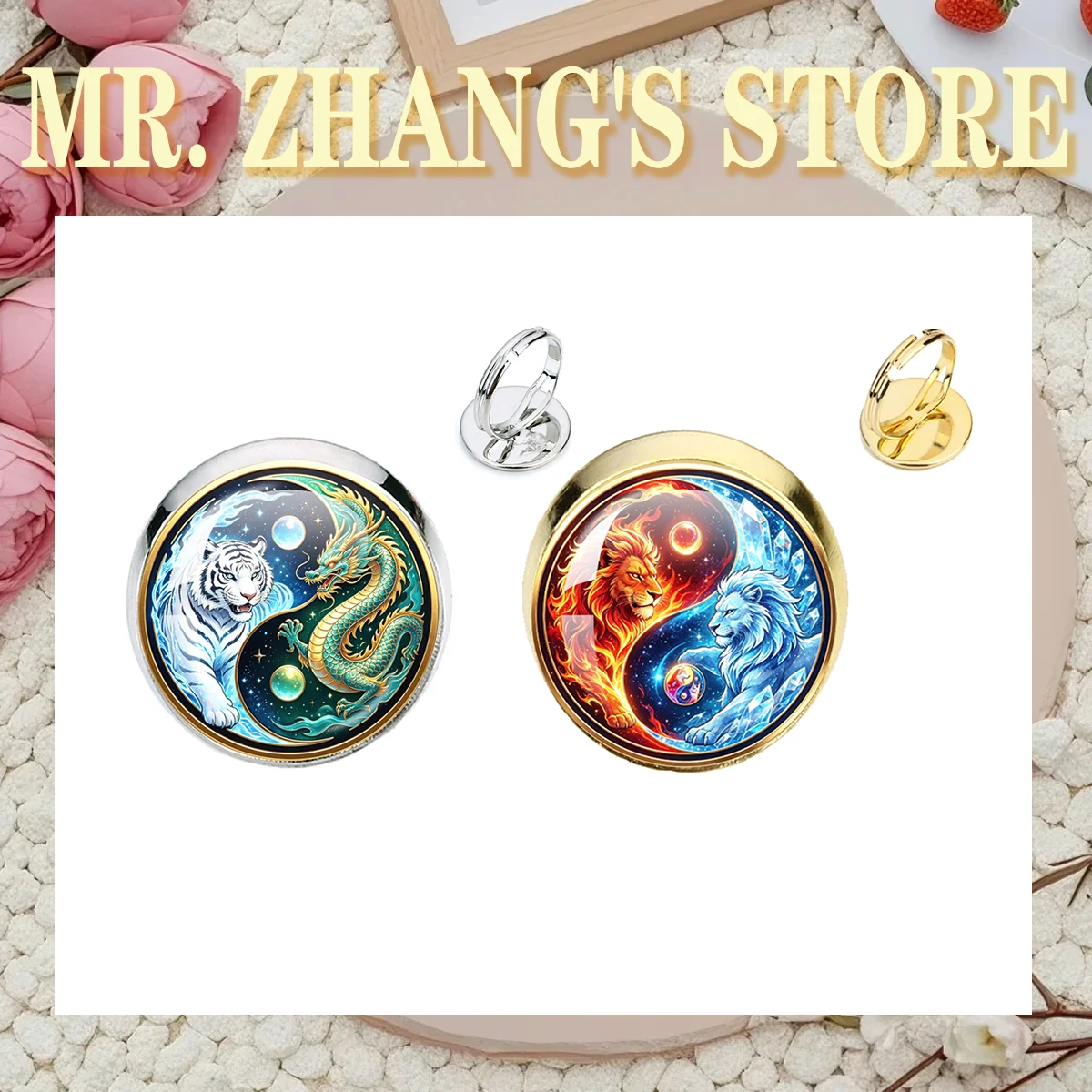 Yin-Yang Ring 16mm Glass Cabochon Ring Yin-Yang Printing Animal Picture Handmade Jewelry Freely Adjust