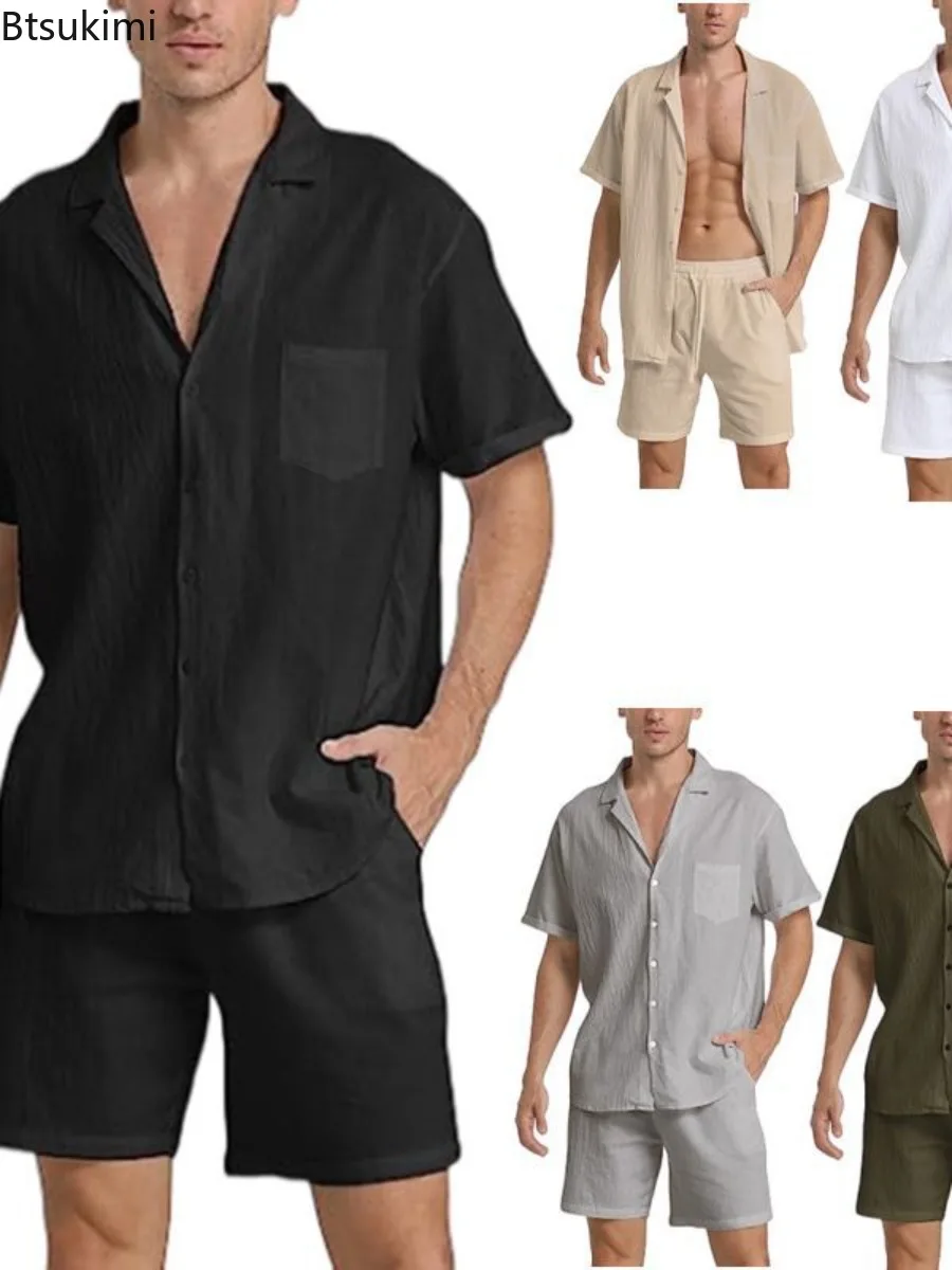 

Новое поступление 2025 года, мужская модная классическая рубашка с коротким рукавом, шорты, комплекты из двух предметов, повседневный костюм для отпуска, летний мужской комплект одежды