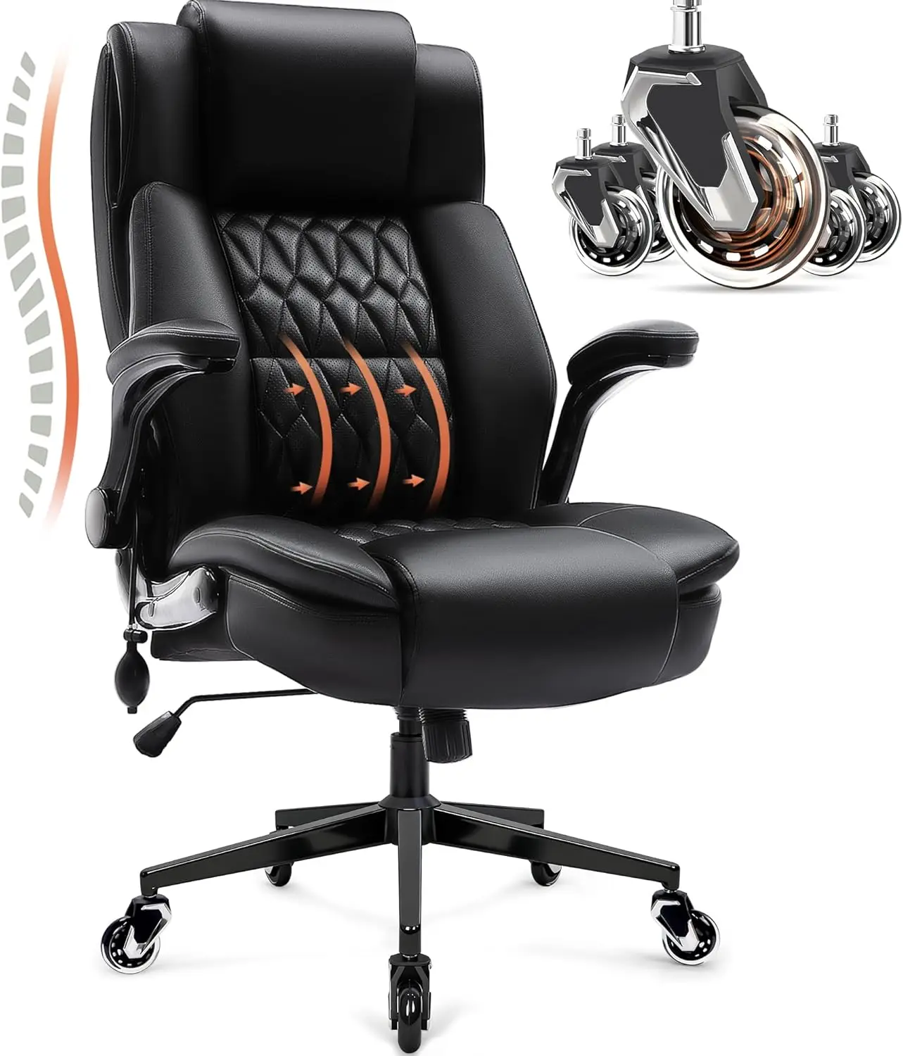 

Large High Back Office Chair -Flip Up Arms, Heavy Duty Metal Base, Breathable Bonded Leather, 2 Storage Bags, Black