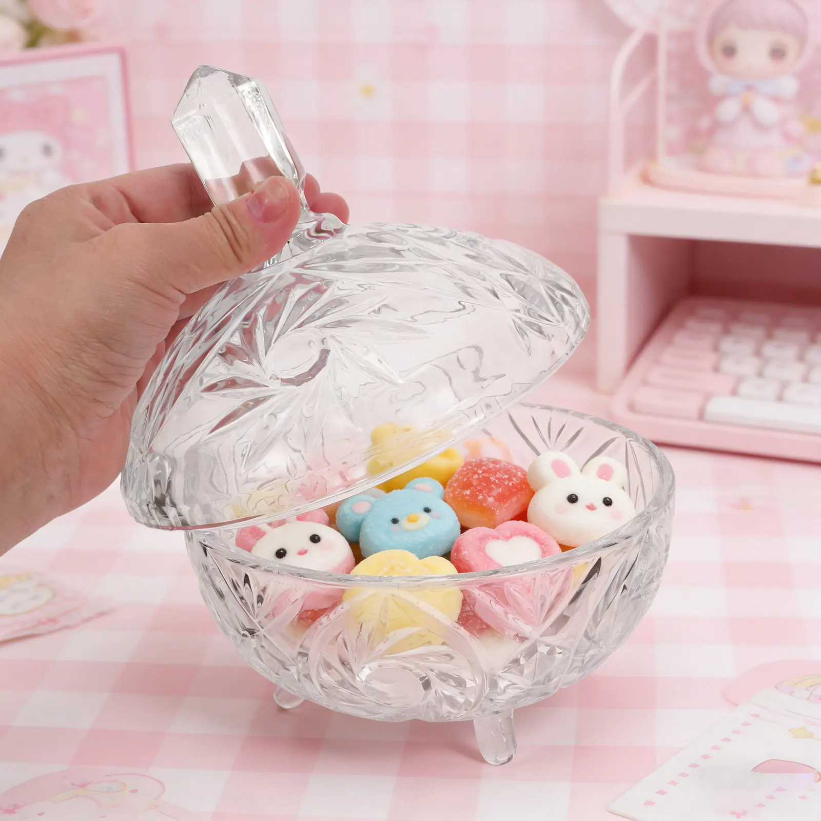 27Oz Glass Candy Jar with Lid Crystal Embossed Decorative Storage Box for Wedding Buffet Candy Jars Snacks Cookies Biscuits