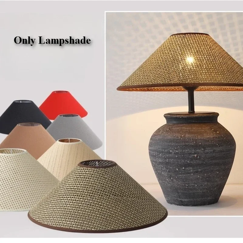 Japanese Zen Rattan Hand Woven Lamp Cover E27 Table Lamp Lampshade Linen Fabric Shell Wabi-Sabi Style Bedside Floor Lamp Shade