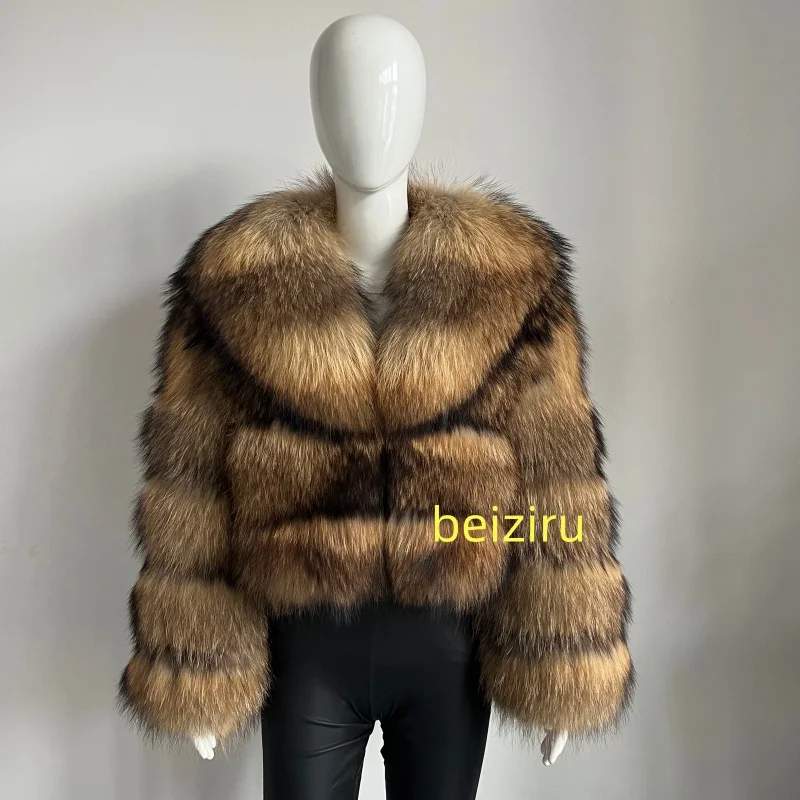 BEIZIRU Women's Real Raccoon Fur Coat Winter Long Sleeve Hooded
