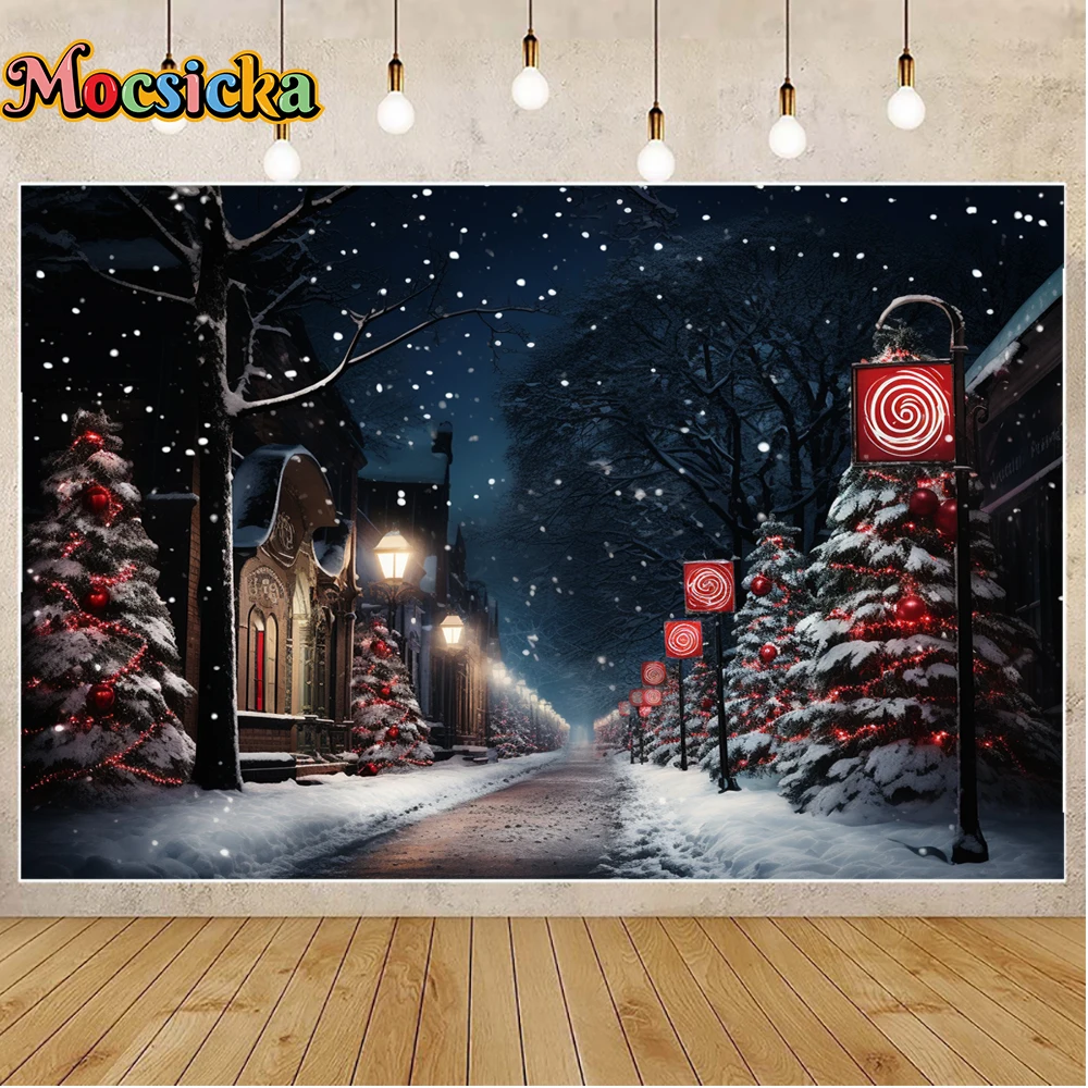 Mocsicka Winter Kerstfotografie Achtergrond Starry Sky Candy Xmas Tree Volwassenen Familie Kinderen Foto Backdrops Studio