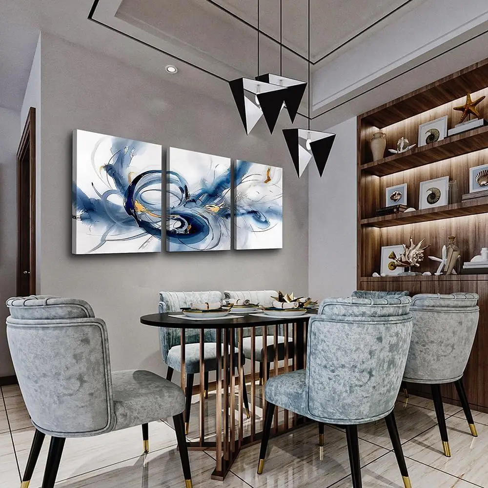 Modern Minimalist Blue Ink Art - 3-Piece Wall Decor for Home & Office