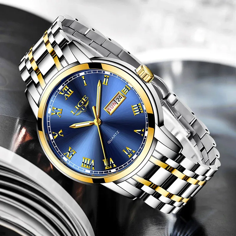 LIGE Brand Top Luxury Quartz Man Watch Fashion Business Steel Band Watches for Men Waterproof Casual Sport Clocks Dial Watch+Box