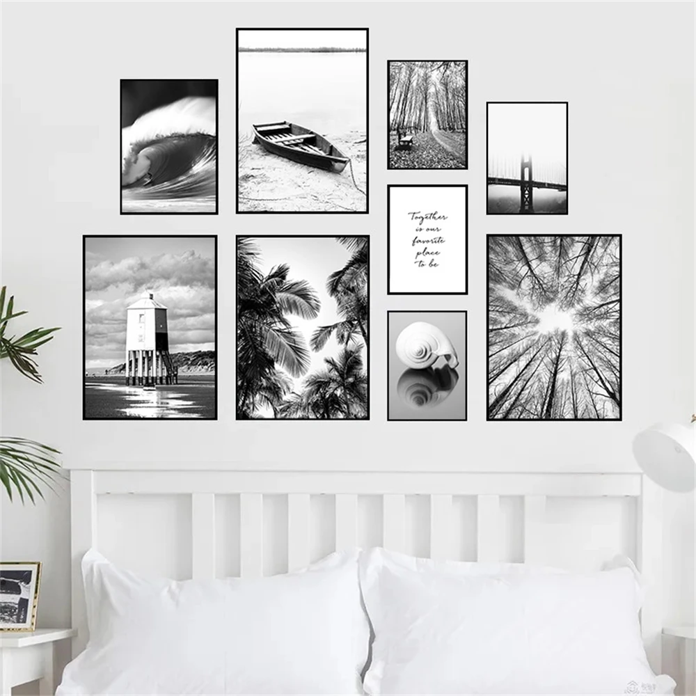 Black And White Posters Bridge Boat Palm Tree Canvas Print Pictures Conch Wall Art Sea Wave Poster Nordic Picture Bedroom Dec