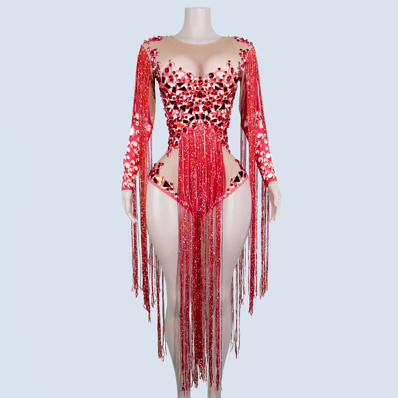

Glitter Red Crystal Bodysuit Long Fringe Mirror Stage Costume Dancewear Top Showgirls Performance Outfit NightClub Birthday Wear