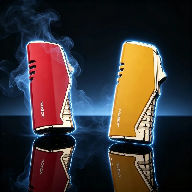 JOBON Windproof Metal Triple Torch Jet Pipe Lighter Visible Gas Window With Cigar Cutter Practical Smoking Gadget