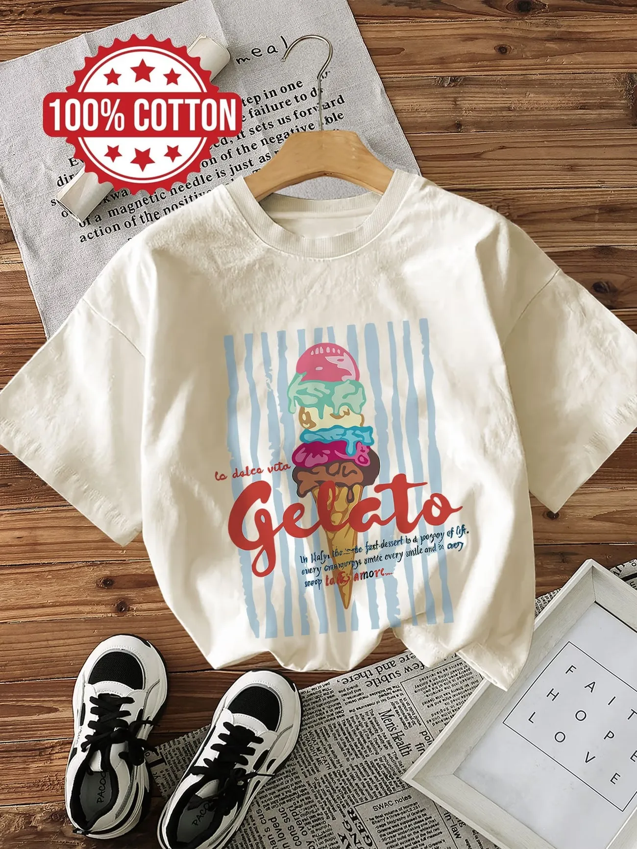 Y2k Casual Women's Graphic Top Tee Ice Cream A 'Le Dolce Vita Gelato' Print Shirt Round Neck Short-Sleeve T-Shirt Spring Summer