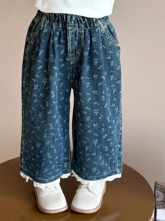 

Широкие джинсы с цветочным принтом для девочек, свободные, тонкие, из денима, для весеннего отдыха на природе