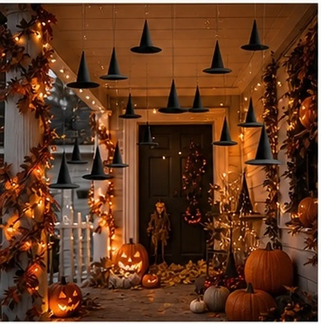 24Pcs Paper Witch Hats Hanging Ornament Black Pointed Hat for Halloween Party Masquerade Theme Decor Yard Ceiling Wall Display