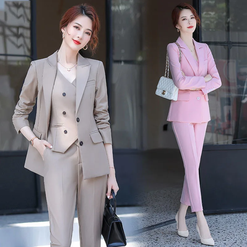 

Pink Business Suit Sets for Women 3 Piece Blazer+Pants+Vest Formal Pantsuit for Interview Casual Women's Outfits ropa de mujer