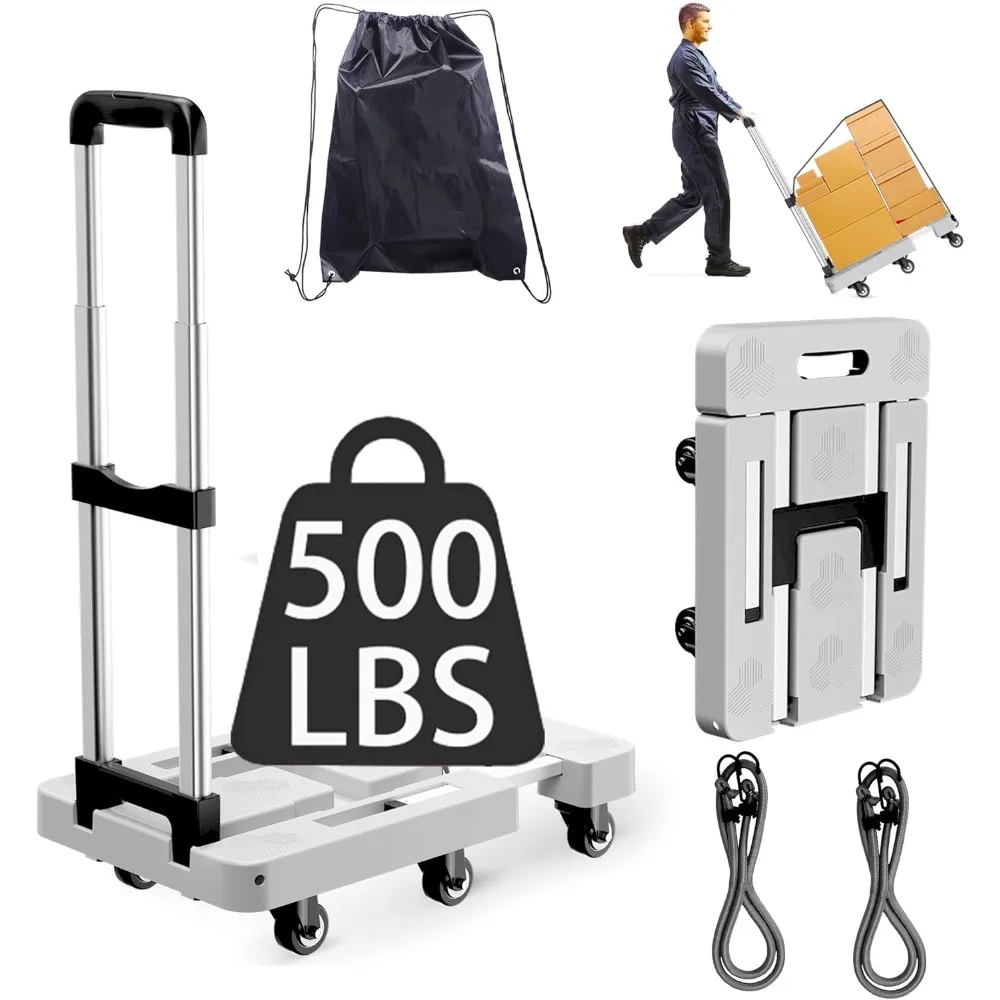 

Folding Hand Truck, Foldable Cart for 500 lbs Heavy Luggage, Hand Truck Dolly, 6-Wheel Foldable Dolly with 2 Ropes