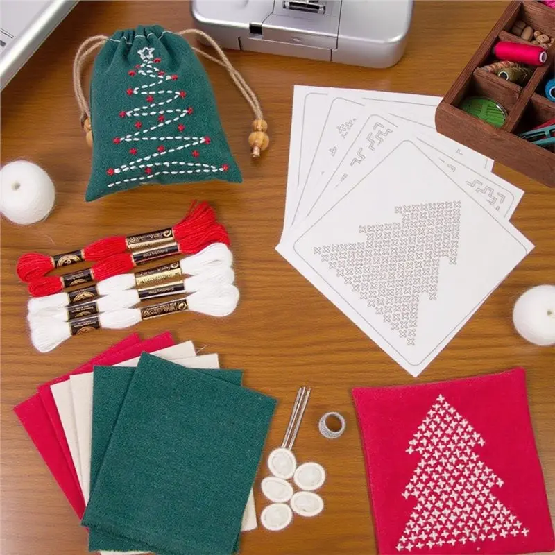 A96K-Water Soluble Pattern Embroidery Kit Merry Christmas Kitsashiko Thread For Beginners, Thimble Fabric, Hand Quilting