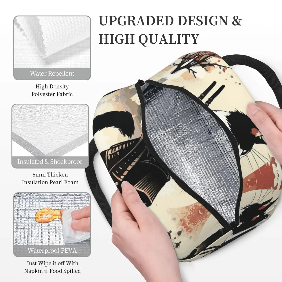 القطط أنيمي سيف ساموراي معزول حقيبة الغداء للنساء مكتب برودة صندوق طعام حراري حمل صناديق الغداء المحمولة الحاويات