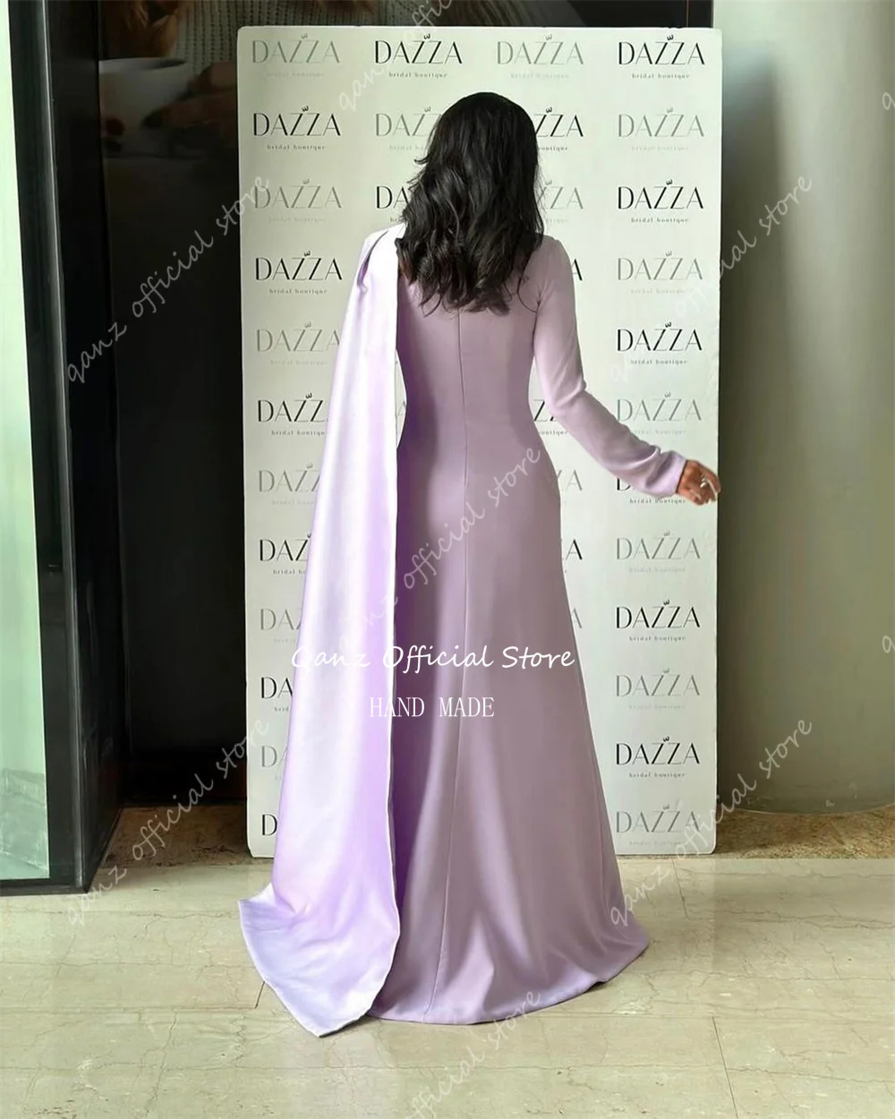 Qanz Lilac Elegant Evening Dress Long Sleeves With Cape Satin Saudi Arabia Formal Ocassion Dresses Customized Vestidos De Festa