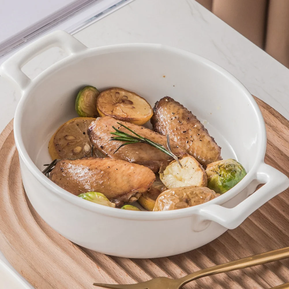 

White Ceramic Soup Bowl with Handles Large Dish Perfect Size for Noodles Rice Salad Fruit Snacks Kitchen Soup Bowl