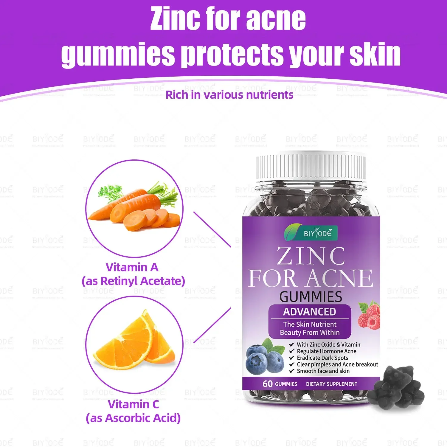 

1 bottle of zinc+acne gummies regulate hormone levels in the body balance nutrition evenly brighten skin tone