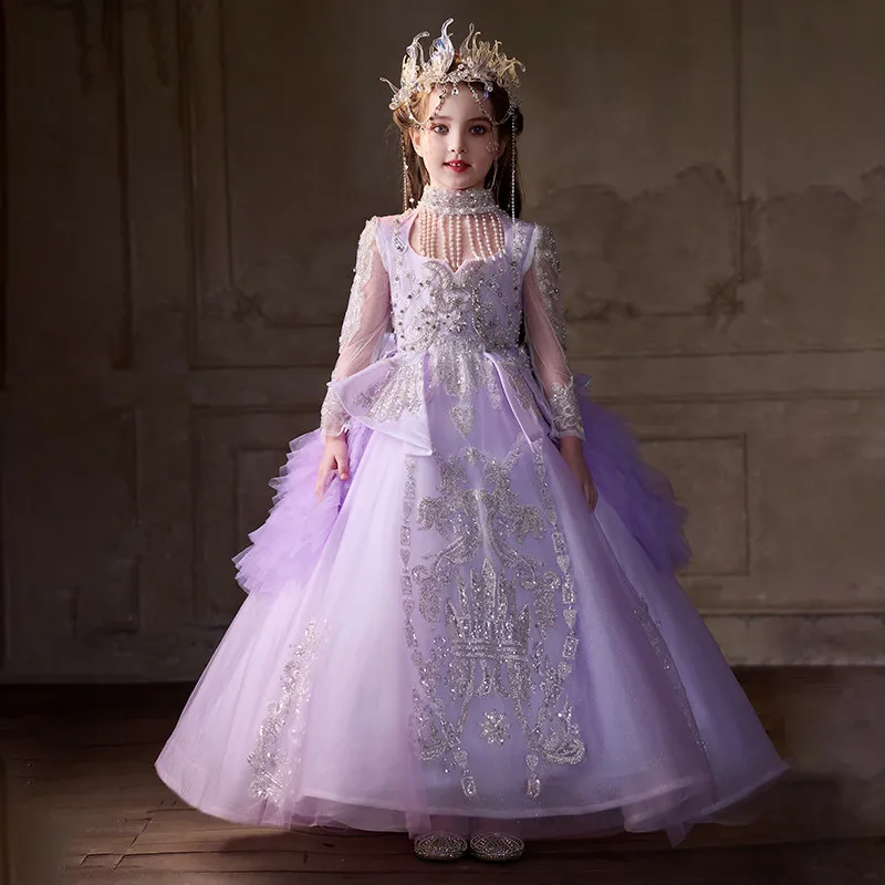 2026 Girls Formal Dress Children Purple Long Princess Gown Host Flower Girl Piano RunwayPerformance Pageant CostumeBirthday