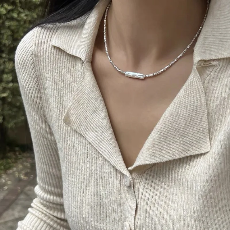 

Baroque Irregular Freshwater Pearl Small Silver Bar Pearl Fragment Necklace Light Luxury Elegant Collarbone Chain