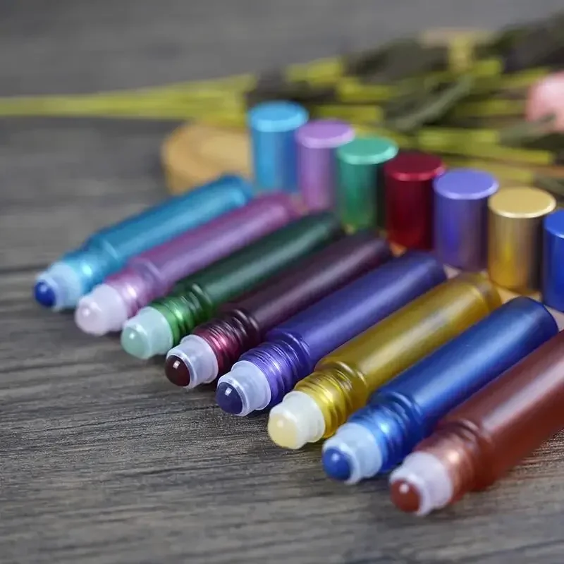 10/50pcs 10ml Colorful Glass Essential Oil Bottle with Natural Gemstone Roller Ball Empty Refillable Perfume Bottles Roll On