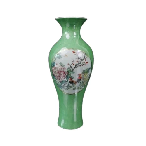 

China old porcelain Green Glaze Pastel Flower and Bird Pattern Vase