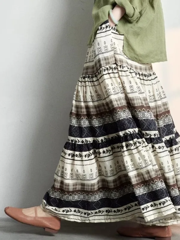 

Bohemian Style Double Layer Printed A-Line Skirt Maxi Half-length Women's Fashionable Ethnic Wind Skirts Summer Casual Cotton