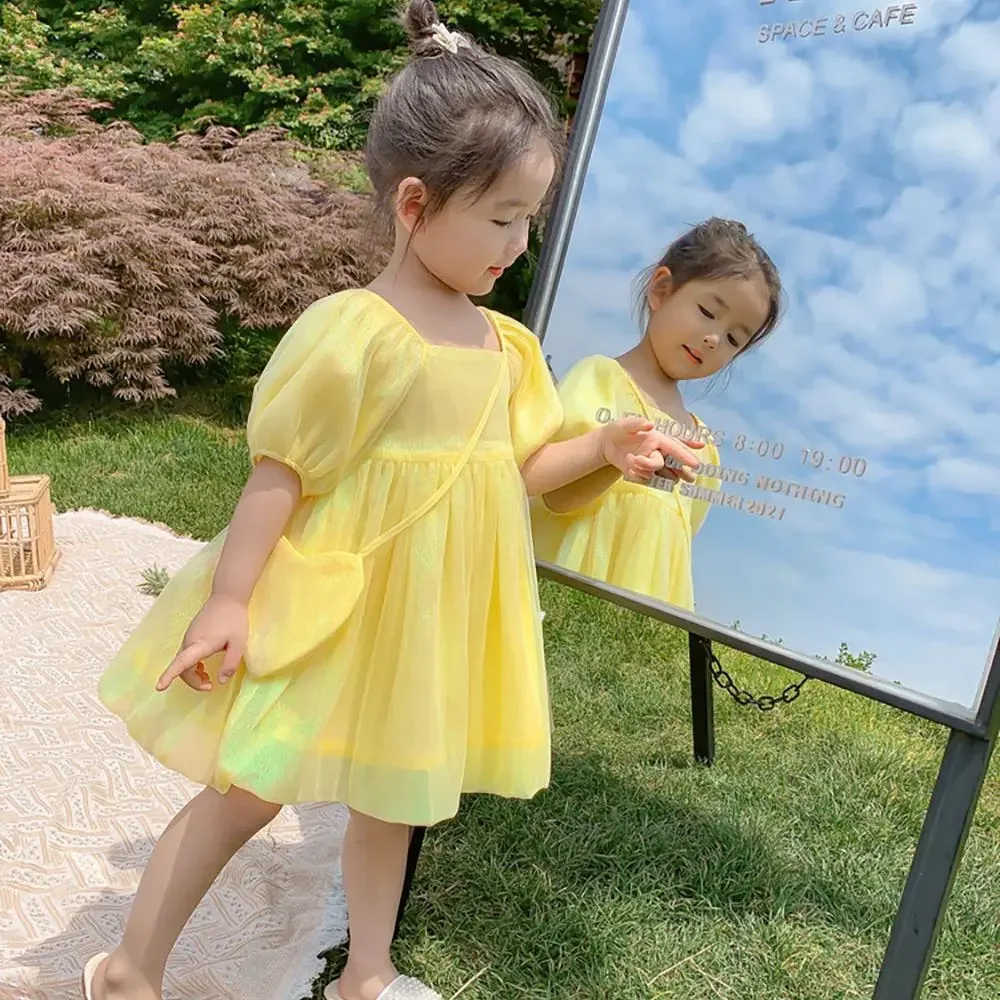 2021 Summer Kids Girls Puff Sleeve Dress Korean Stylish Baby Girls Shiny Yellow Tulle Fairy Princess Dresses Children Clothes