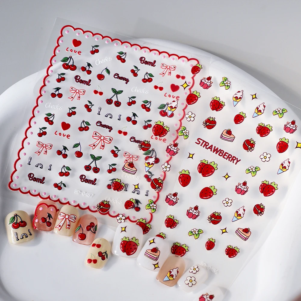 1 قطعة 5D الأحمر الفراولة الكرز مسمار ملصق Kawaii الصيف الفاكهة الآيس كريم لاصق الشارات القوس كعكة المتزلجون DIY بها بنفسك مانيكير الديكور