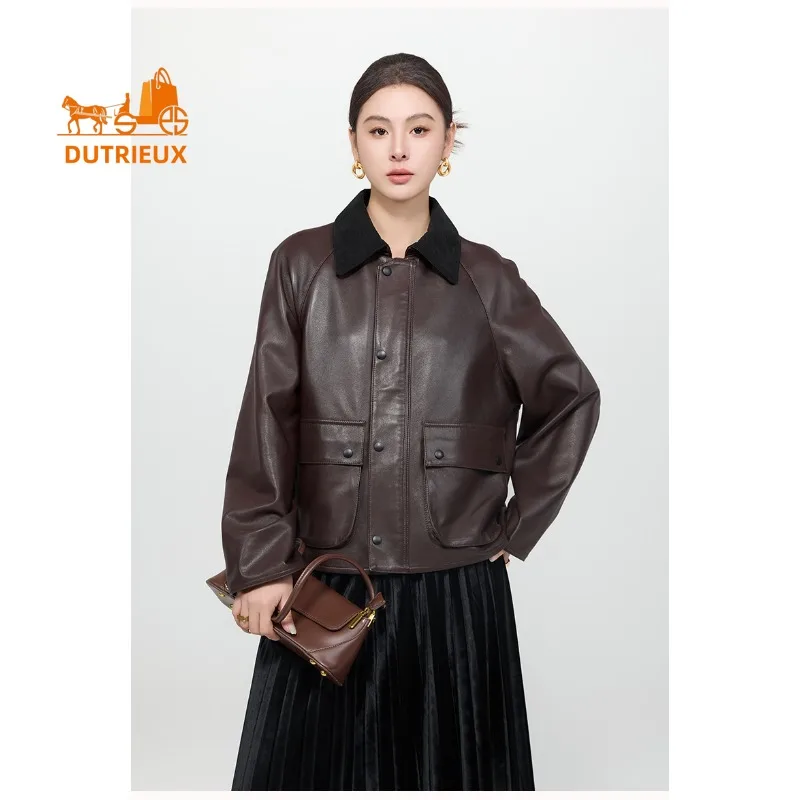 

Fashion Elegant Autumn and Winter Plush Collar Genuine Leather Jacket Women, 100% Genuine Sheepskin, Loose Casual Coat for Women