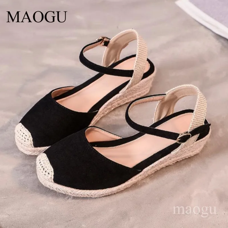 Sandalias de cuña de ante negro para mujer, con plataforma de yute tejido, punta cerrada, estilo bohemio, cómodas, talla 41