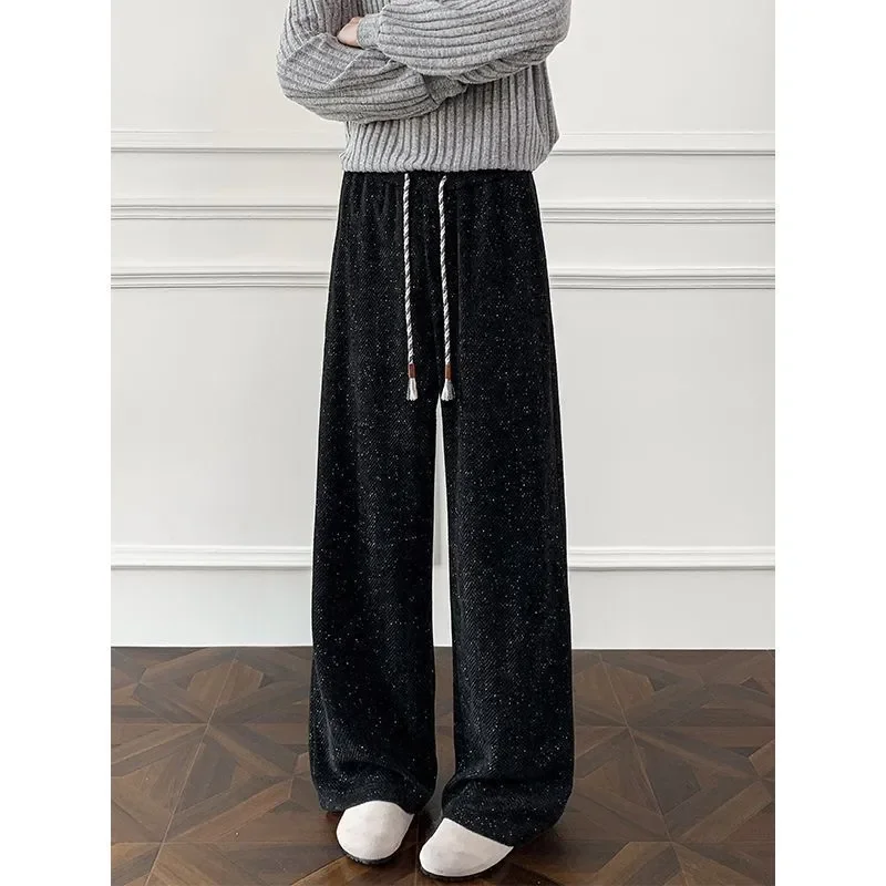 Women's White & Black Herringbone Wide Leg Pants Drawstring Waist Loose Fit Casual Fashion Trousers