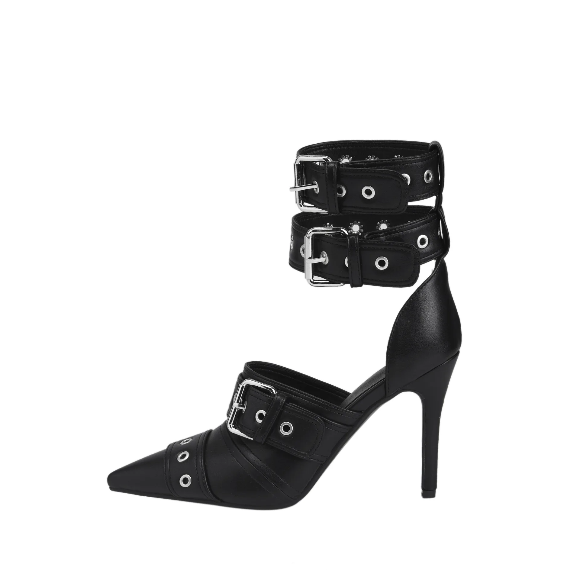 

Pointed Toe Super Stiletto Punk Style Cool Rivet Pumps Double Buckle High Heels Large Size Custom Women Shoes Sandalias Mujer