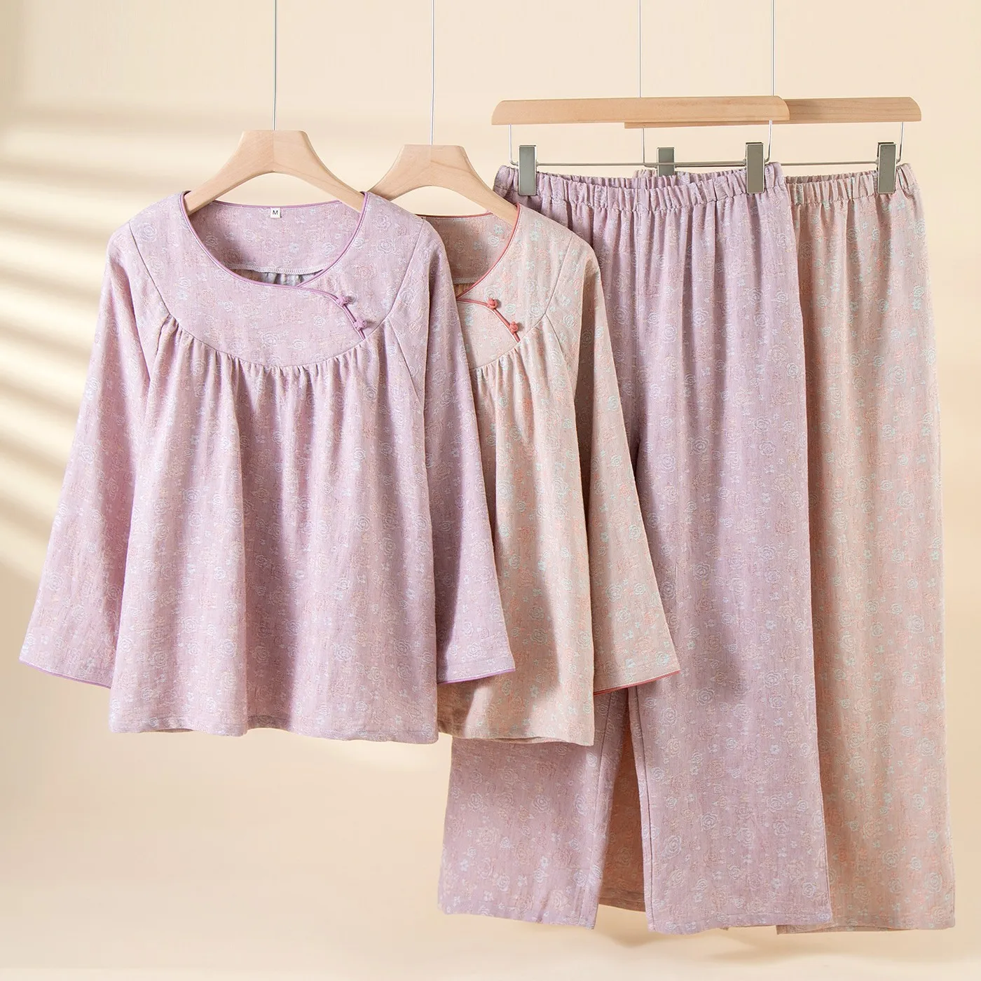 Women's Cotton Linen Loungewear Set, Versatile Ninetenths Sleeve Pants Pajama, Frog Button Loose Home Wear, Breathable Casual
