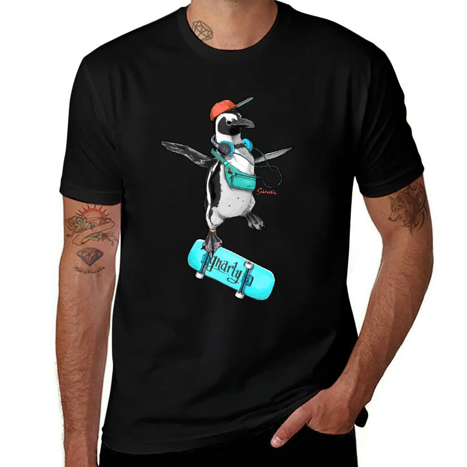 Gnarly Skater Penguin T-Shirt Classic Graphic Short Sleeve Top T-Shirt