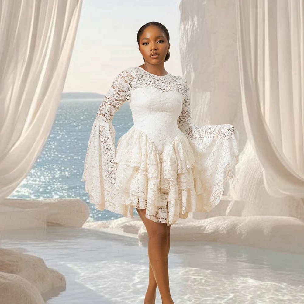 

Puffy Lace Ruffles Wedding Dress with Flare Sleeves Africa Women Lace Appliques A‑Line Prom Party Dress Evening Cocktail Gowns