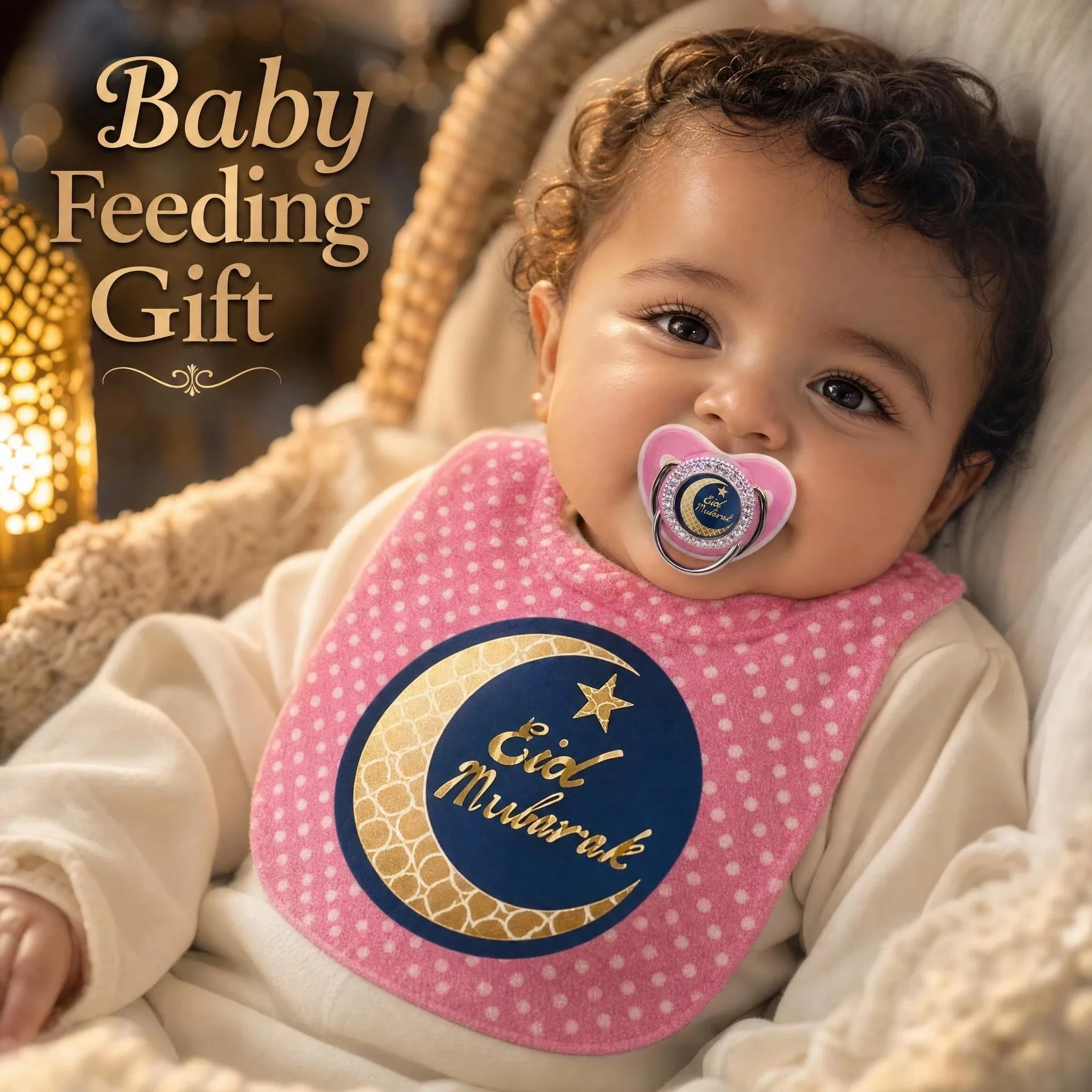 Islamic Pattern Newborn Pacifier and Toddler Drool Bib Set Ramadan Eid Muslim Print Soft Soother Dummy Silicone BPA Free 2Pcs