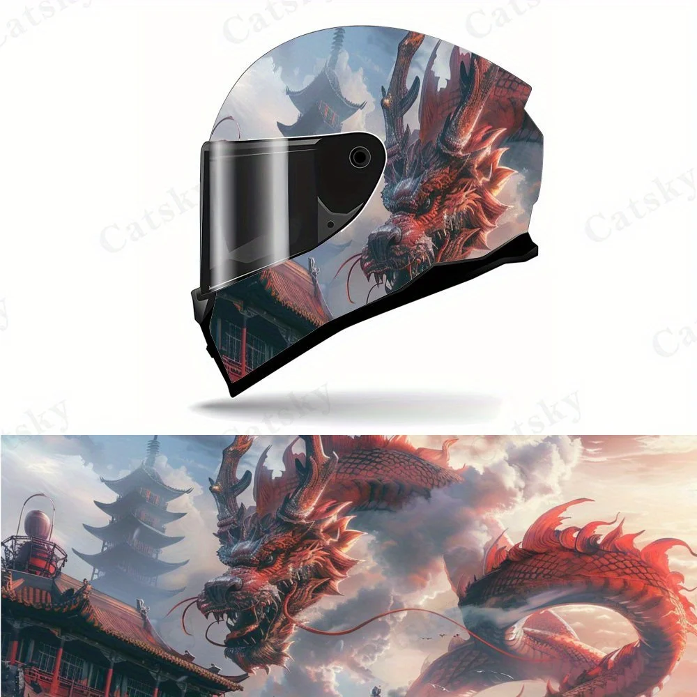 

Эпический красный дракон и туманные древние здания, виниловые обертывания для мотоцикла, наклейка на шлем, самоклеящаяся водонепроницаемая отделка шлема, неверсальная