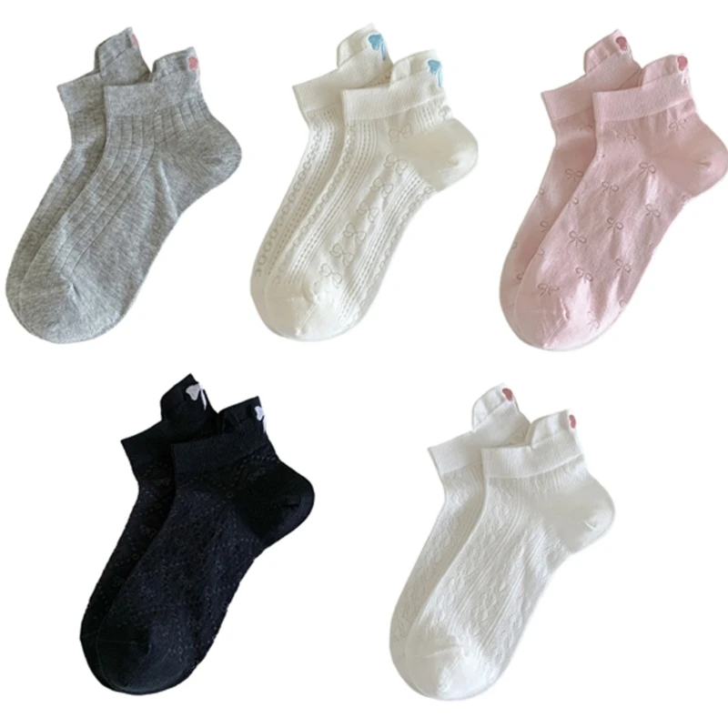 

Women Embroidery Bows Cotton Boat Socks Breathable Mesh Short Ankle Tab Socks