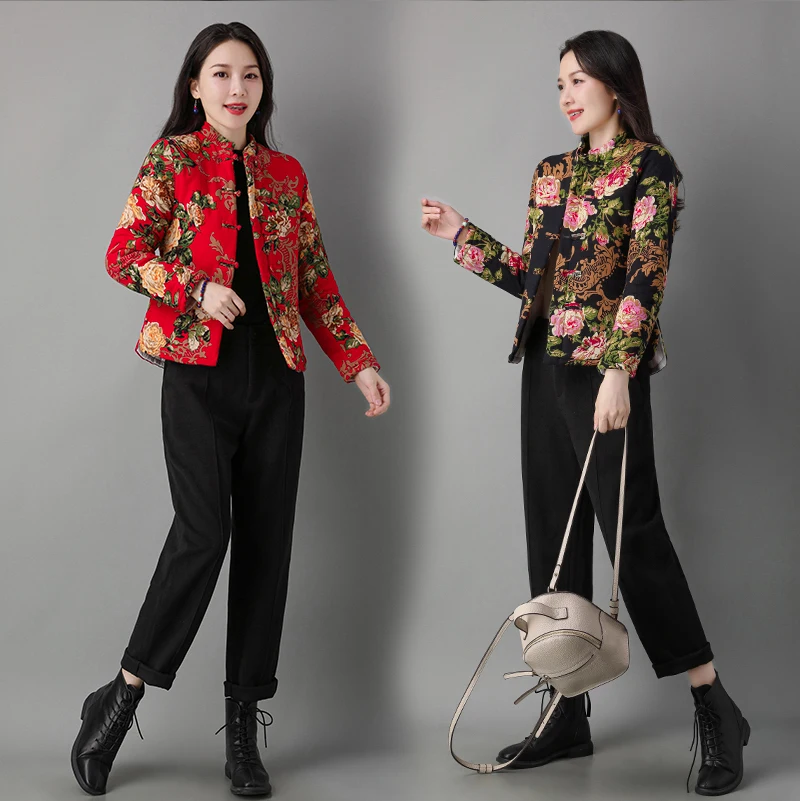 

Ретро-рубашка на пуговицах для женщин, осенне-зимняя, больших размеров, с воротником-стойкой, цветочным принтом, из хлопка, для полных женщин, стройнящая, в этническом стиле...