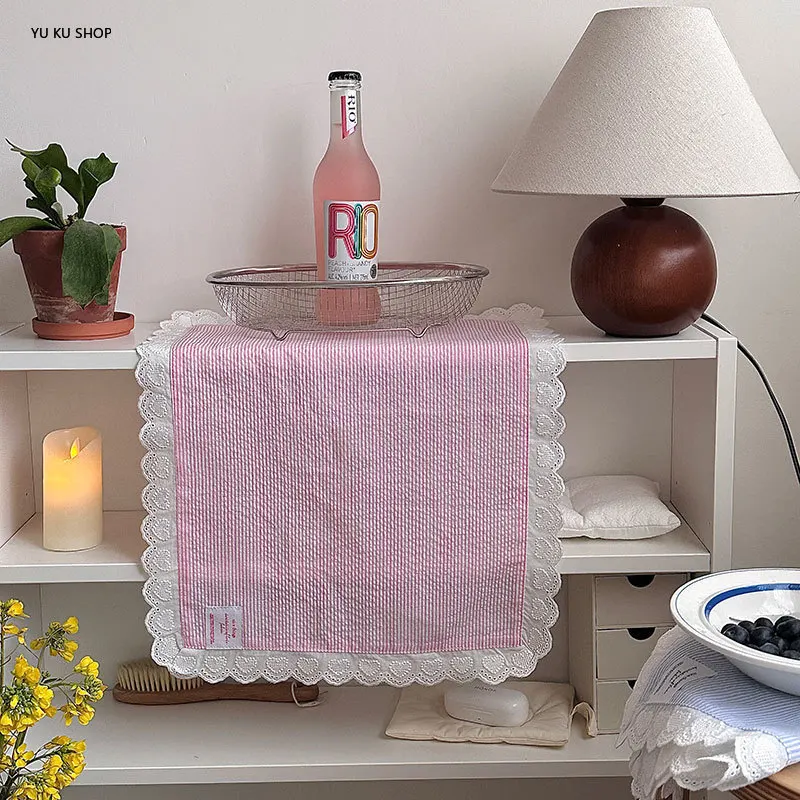 Korean Fabric Placemat Dining Table Pinstripe Insulation Mat Lace Napkin Photo Background Cloth Table Decoration Accessories