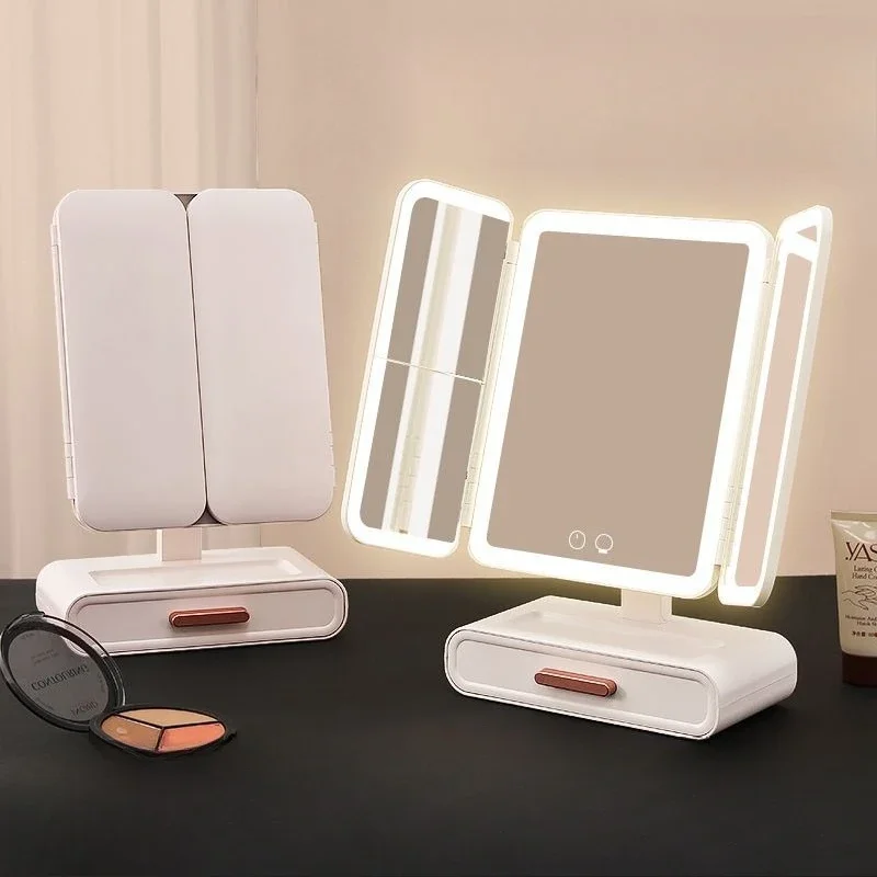 Three-sided folding led desktop makeup mirror with lamp luminous desktop dressing storage box fill light mirror