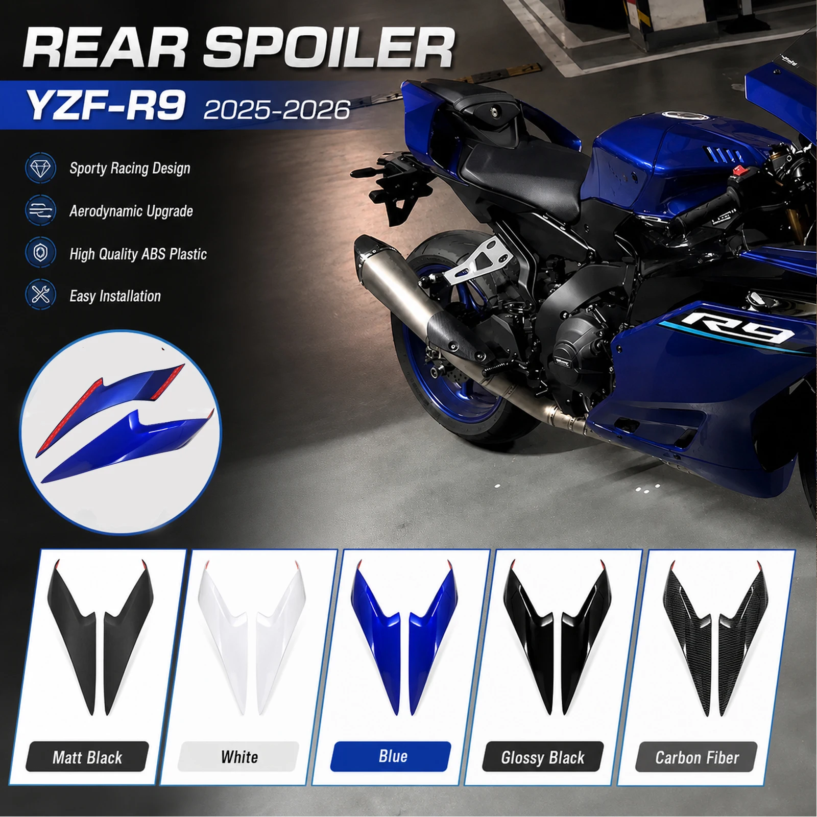 Motorcycle Rear Winglet Tail Downforce Naked Spoiler Fixed Fairing Wing Deflector For YAMAHA YZF-R9 2026 YZF R9 YZFR9 2025