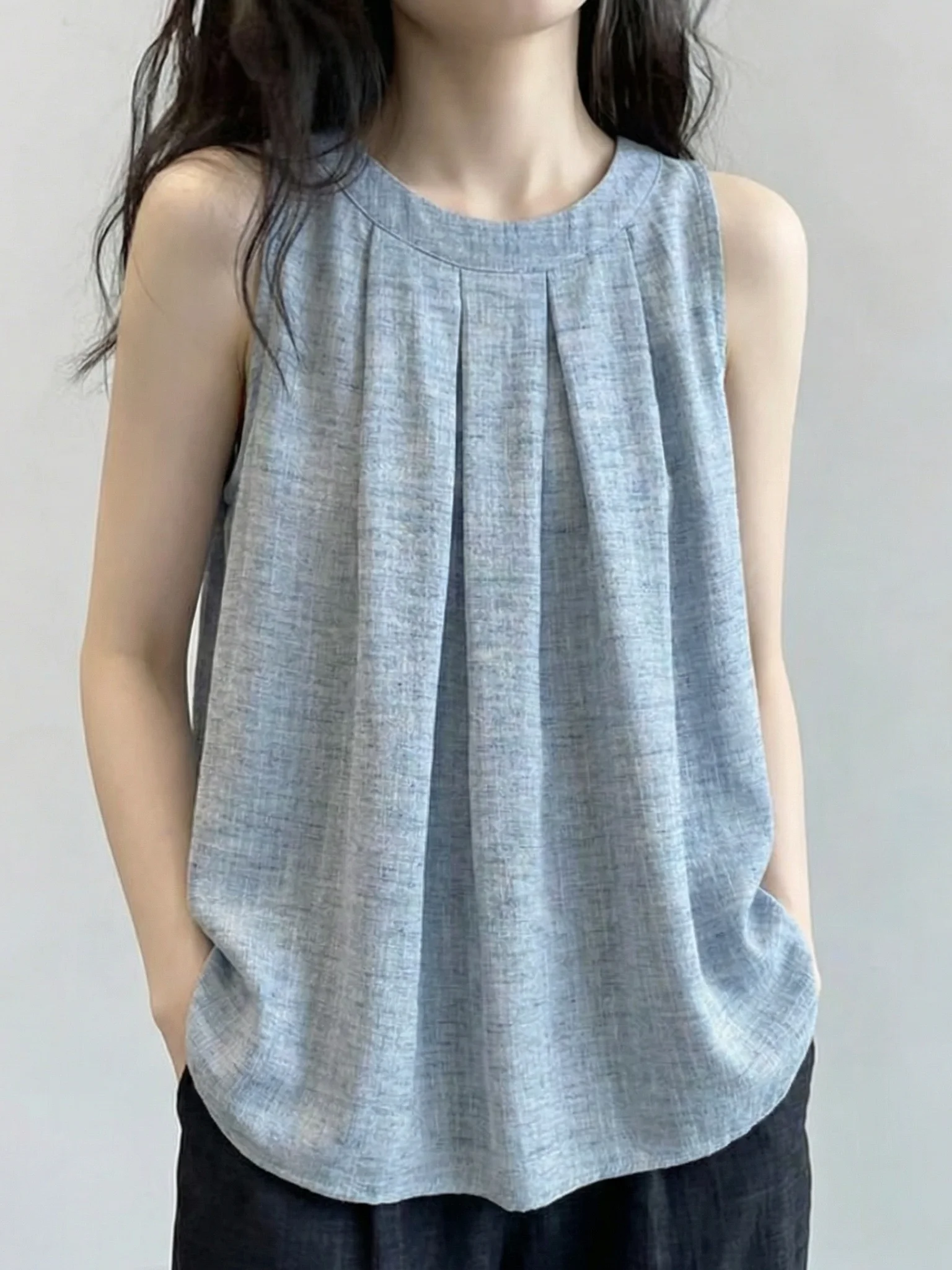Summer New plus Size Women's Dyeing Neck Hanging Strap Vest Top Outerwear Casual  Color round Neck A-Line Narrow Strap Vest
