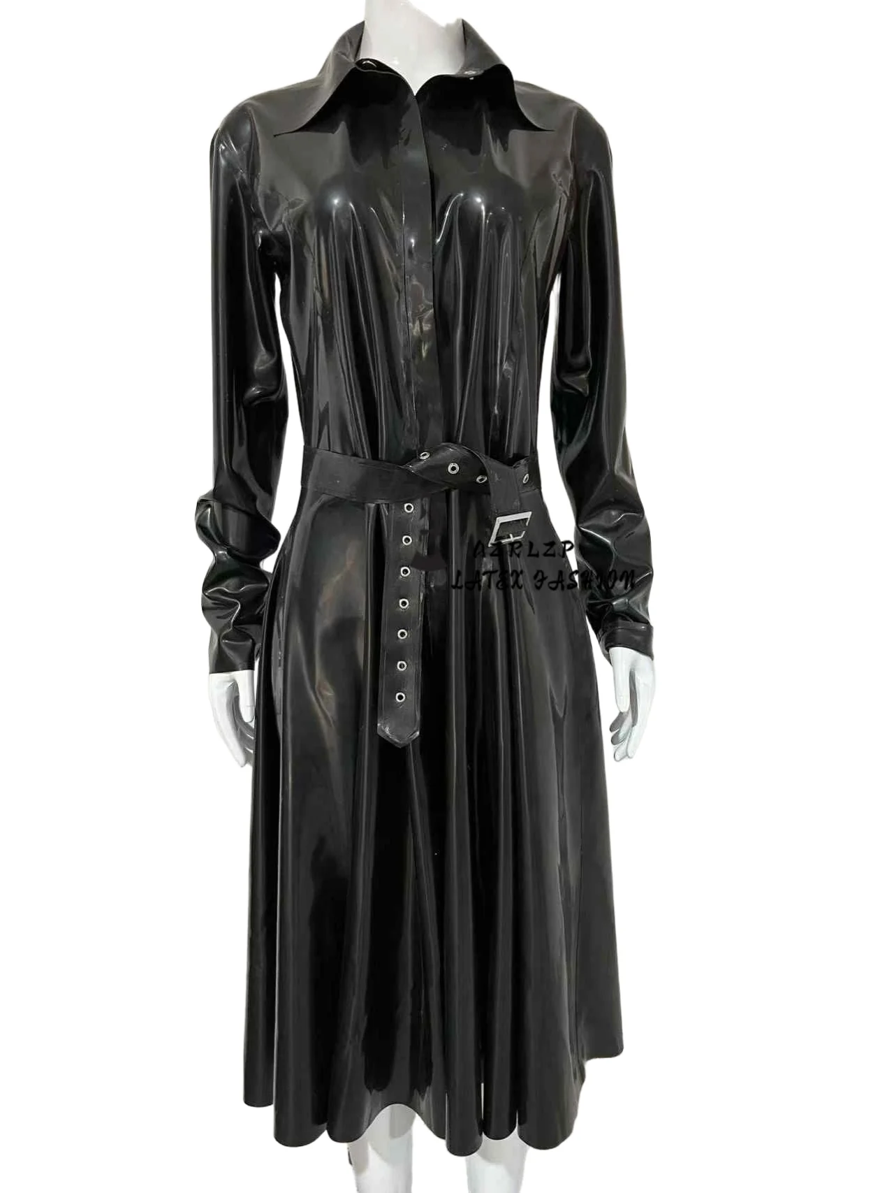 Elegante Mode-Latex-Trenchcoat-Jacke für Damen, Gummi, einfarbig, lange Ärmel, langer Mantel, Reversgürtel, Kleid