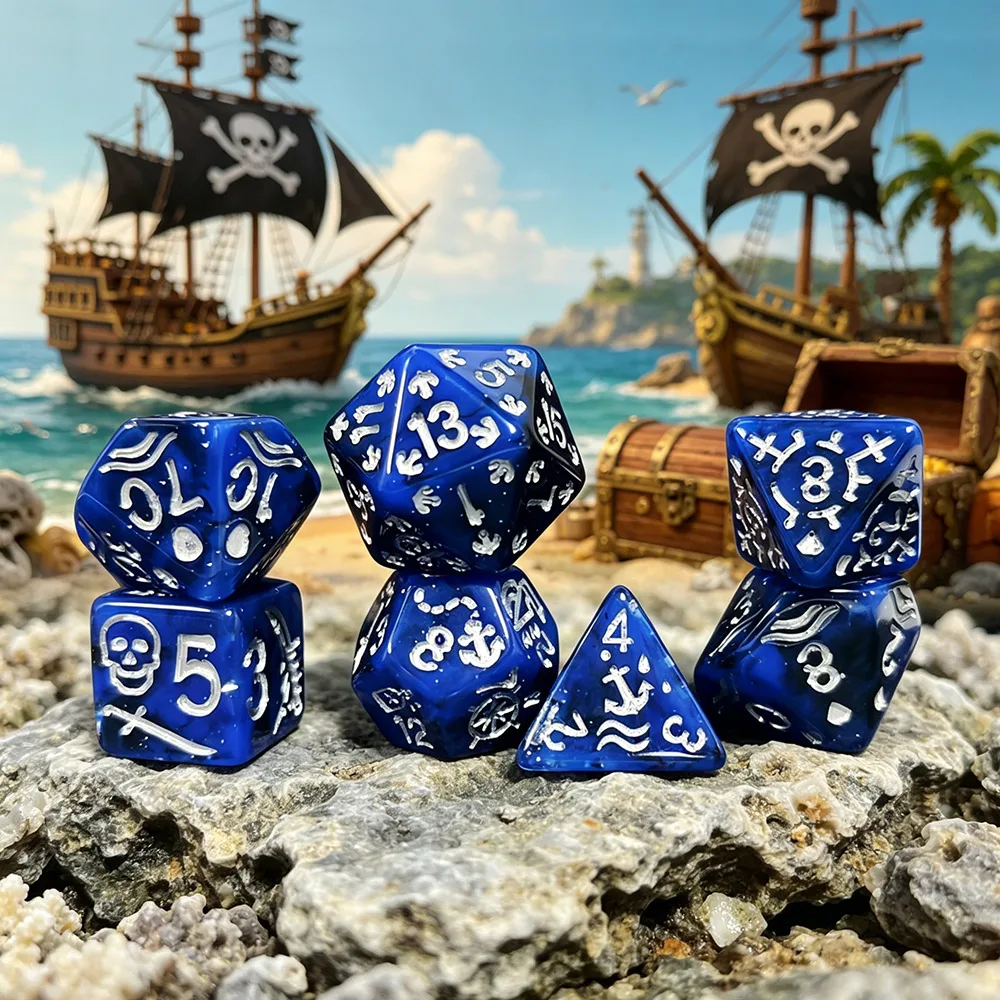 7Pcs/Set Pirate Nautical Themed Dice Set, Blue Marbled Acrylic Polyhedral DND Dice with Silver Engraving for TTRPG Board Games